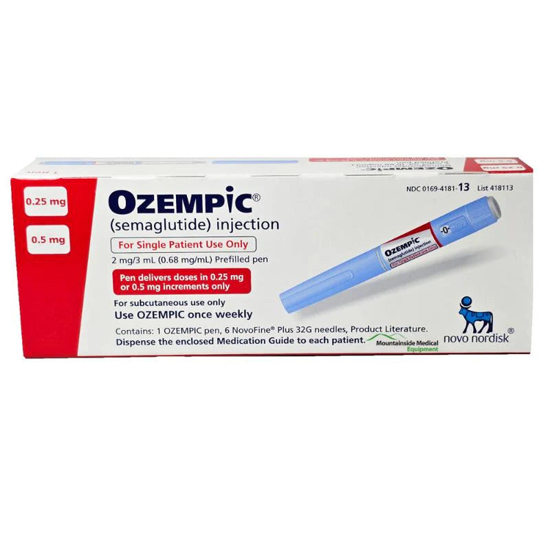 Ozempic injection packaging with pen on a white background